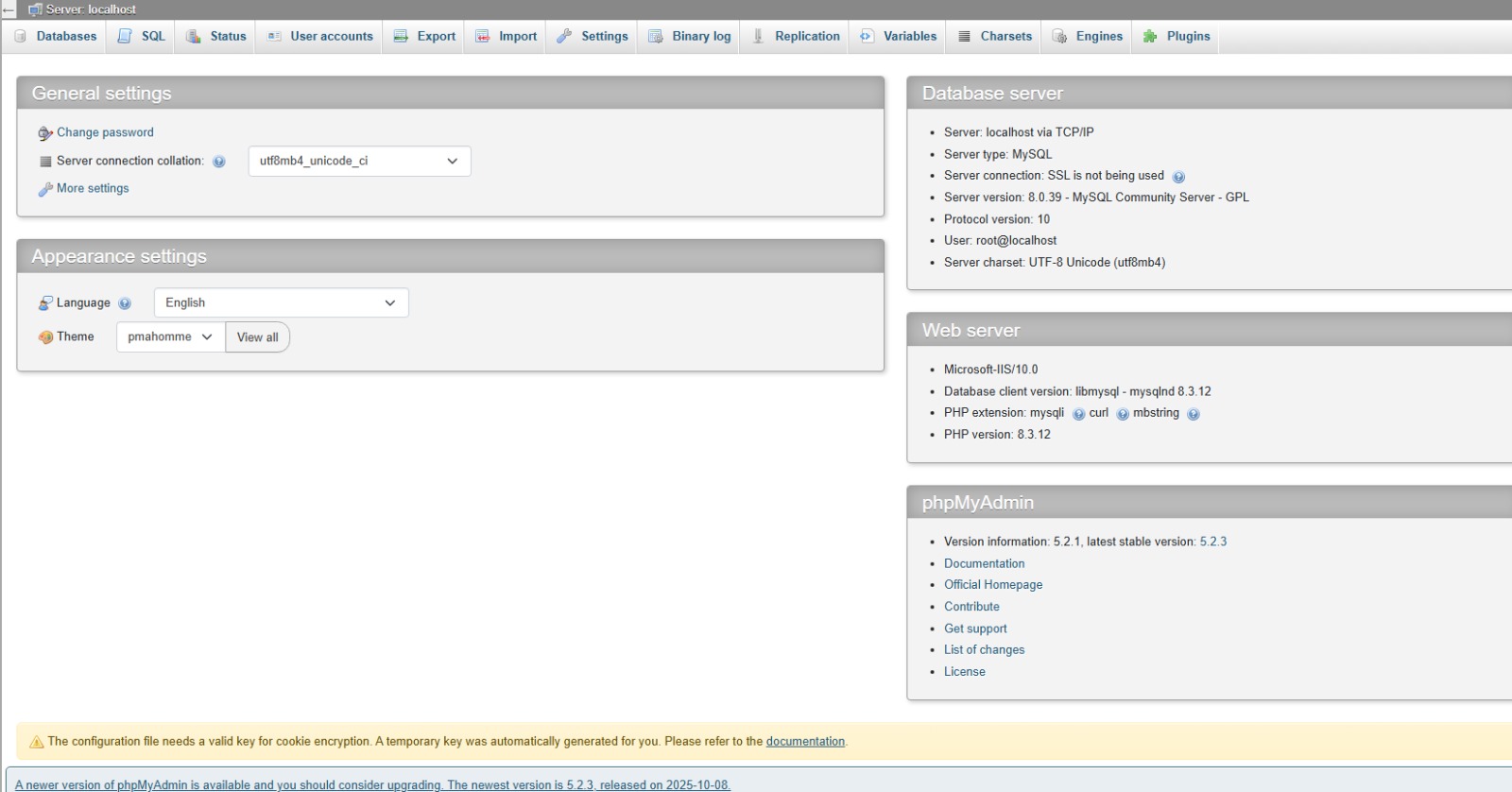 Tampilan Beranda phpMyAdmin