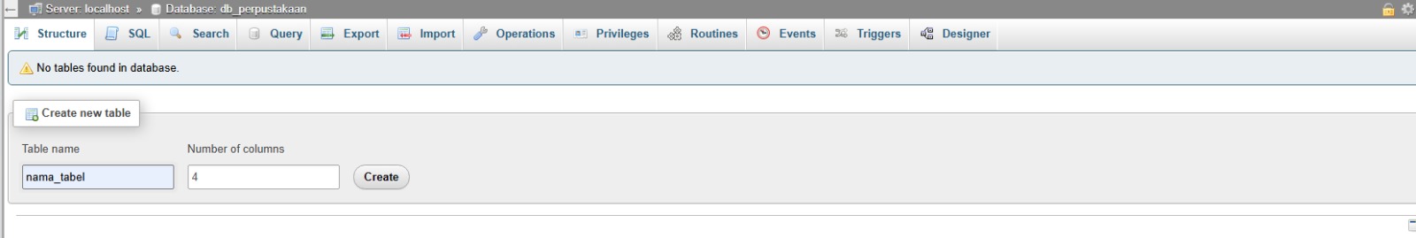 Formulir Create New Table phpMyAdmin